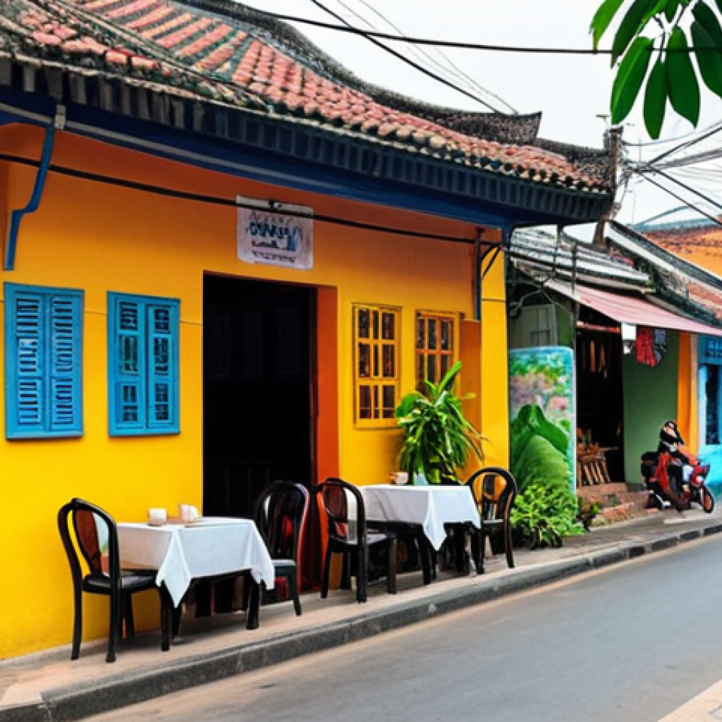 **

A cozy street cafe scene in Vietnam. Capture the vibrant atmosphere with traditional houses, lush greenery, and a colorful painting displayed on the cafe wall, inspiring a writer with new story ideas. Focus on a peaceful and inspiring moment, blending urban life with artistic inspiration.

**