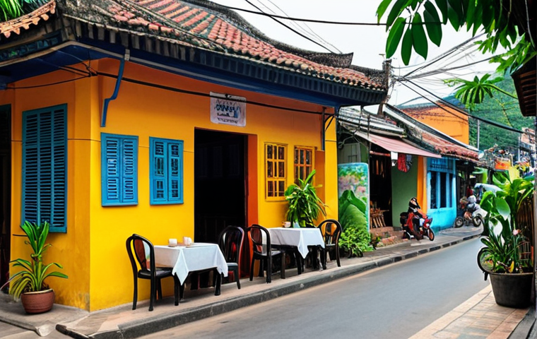 **

A cozy street cafe scene in Vietnam. Capture the vibrant atmosphere with traditional houses, lush greenery, and a colorful painting displayed on the cafe wall, inspiring a writer with new story ideas. Focus on a peaceful and inspiring moment, blending urban life with artistic inspiration.

**