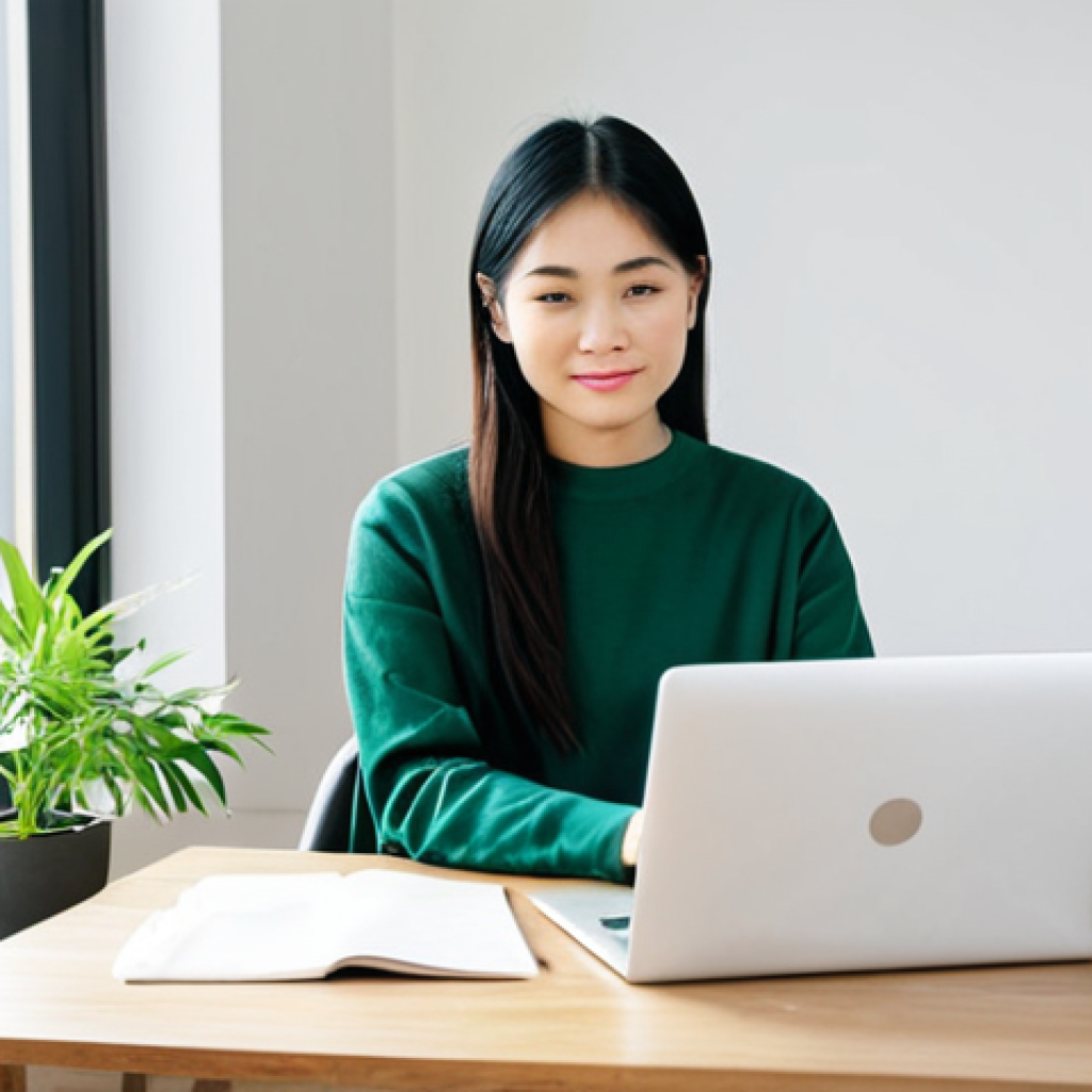 A calm Vietnamese woman in modest, comfortable professional-casual attire, seated at a clean, minimalist wooden desk in a modern, bright apartment. The desk holds a closed laptop and a single green potted plant, symbolizing digital detox and a decluttered mind. Soft natural light streams in from a large window. The background is simple and uncluttered, promoting a sense of peace and balance. safe for work, appropriate content, fully clothed, professional, modest, perfect anatomy, correct proportions, natural pose, well-formed hands, proper finger count, natural body proportions, high-quality photography, sharp focus.