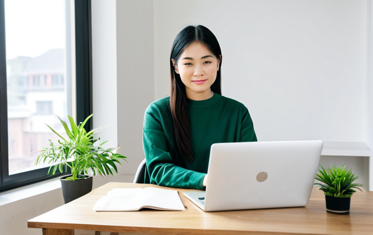 A calm Vietnamese woman in modest, comfortable professional-casual attire, seated at a clean, minimalist wooden desk in a modern, bright apartment. The desk holds a closed laptop and a single green potted plant, symbolizing digital detox and a decluttered mind. Soft natural light streams in from a large window. The background is simple and uncluttered, promoting a sense of peace and balance. safe for work, appropriate content, fully clothed, professional, modest, perfect anatomy, correct proportions, natural pose, well-formed hands, proper finger count, natural body proportions, high-quality photography, sharp focus.