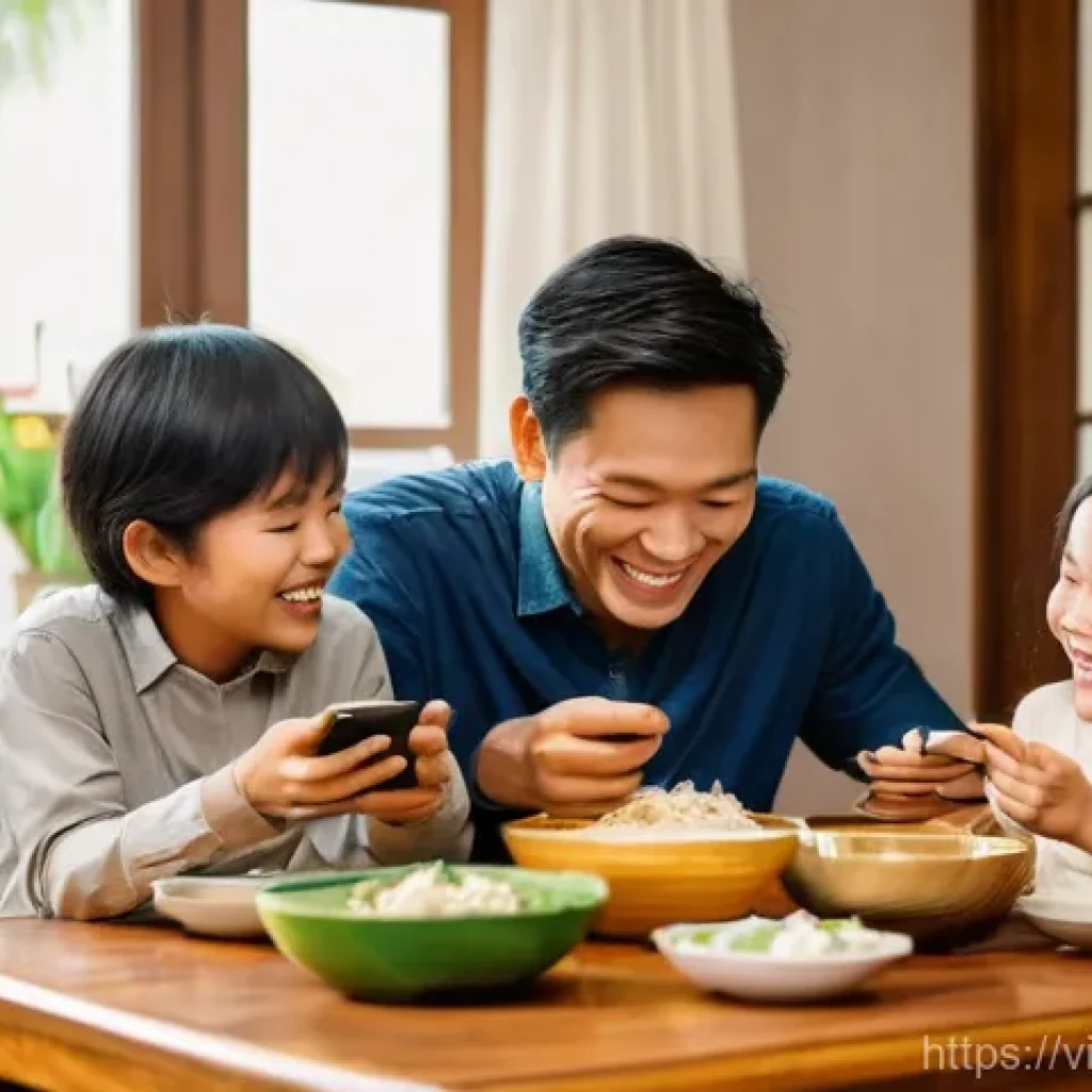 기술 균형 생활 설계법을 통한 삶의 질 향상 - **Prompt:** A cozy, warm scene inside a Vietnamese home during a family dinner. A mother, father, an...