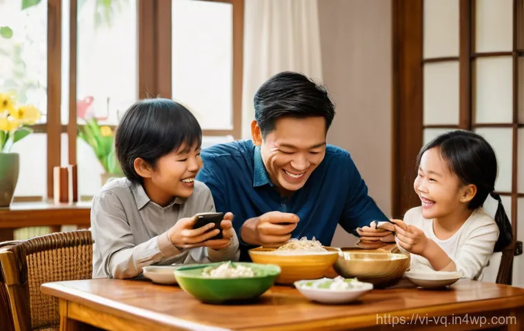 기술 균형 생활 설계법을 통한 삶의 질 향상 - **Prompt:** A cozy, warm scene inside a Vietnamese home during a family dinner. A mother, father, an...