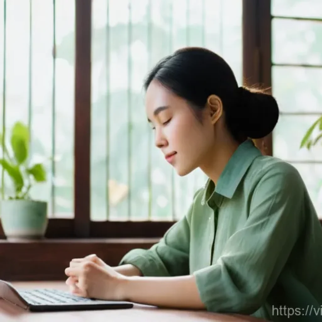 기술 균형 생활 설계법과 지속 가능한 경영 - **Prompt:** A young Vietnamese woman in her late 20s sits peacefully at a minimalist wooden desk in ...