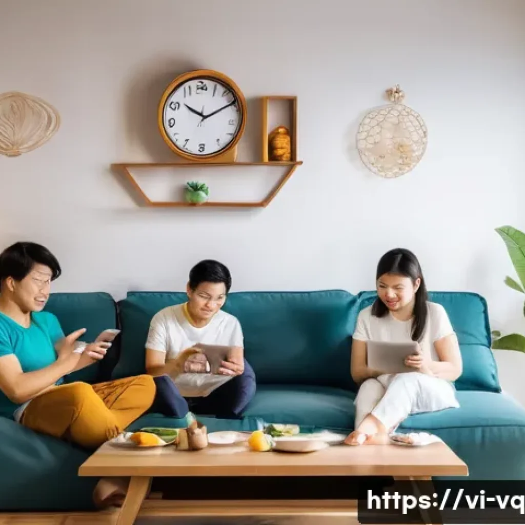 기술 균형 생활 설계법 적용 사례 - A Vietnamese family in a modern living room setting, practicing healthy digital habits together: par...