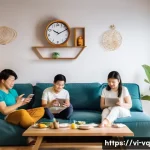 기술 균형 생활 설계법 적용 사례 - A Vietnamese family in a modern living room setting, practicing healthy digital habits together: par...