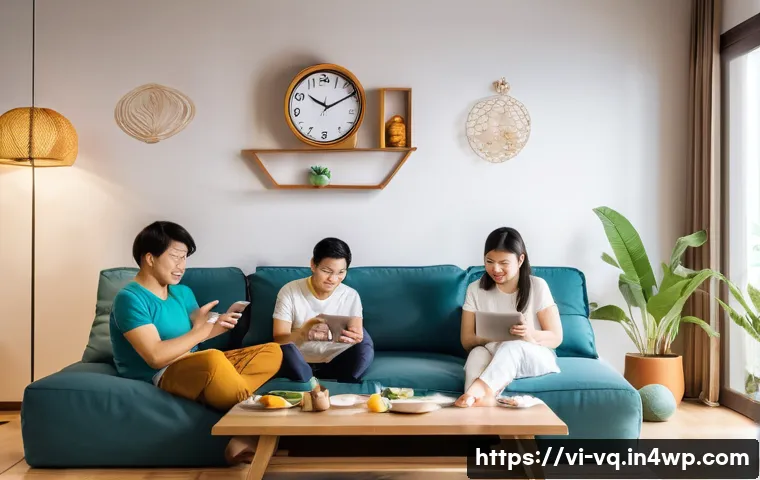 기술 균형 생활 설계법 적용 사례 - A Vietnamese family in a modern living room setting, practicing healthy digital habits together: par...