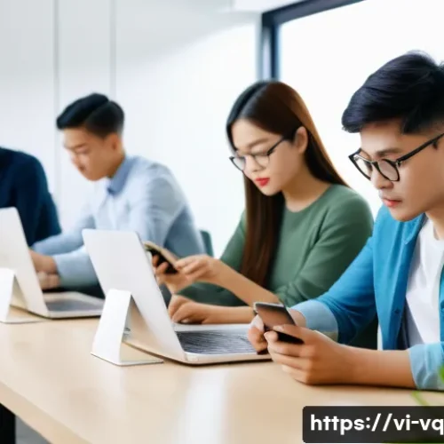기술 균형 생활 설계법과 직장 내 혁신 - A modern Vietnamese office scene showing diverse young professionals using digital devices thoughtfu...