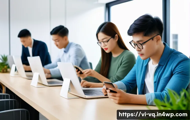 기술 균형 생활 설계법과 직장 내 혁신 - A modern Vietnamese office scene showing diverse young professionals using digital devices thoughtfu...