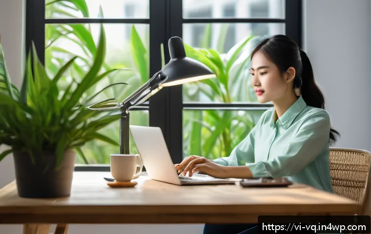 기술 균형 생활 설계법을 활용한 개인 프로젝트 - A modern Vietnamese home office scene featuring a young professional woman wearing casual but neat c...